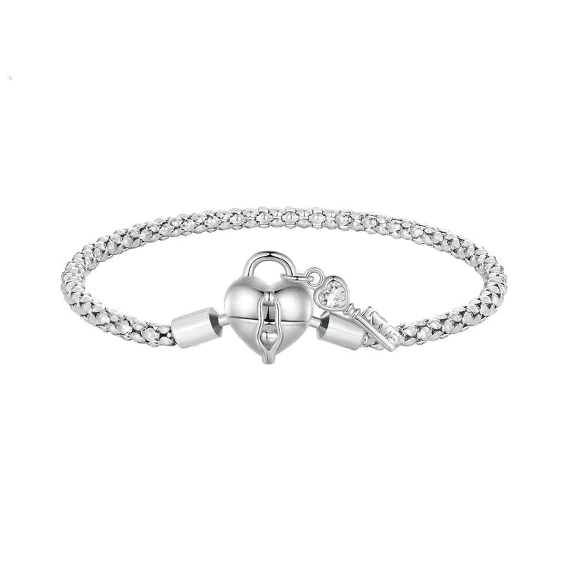 Sterling Silver Heart Lock and Key Popcorn Chain Bracelet