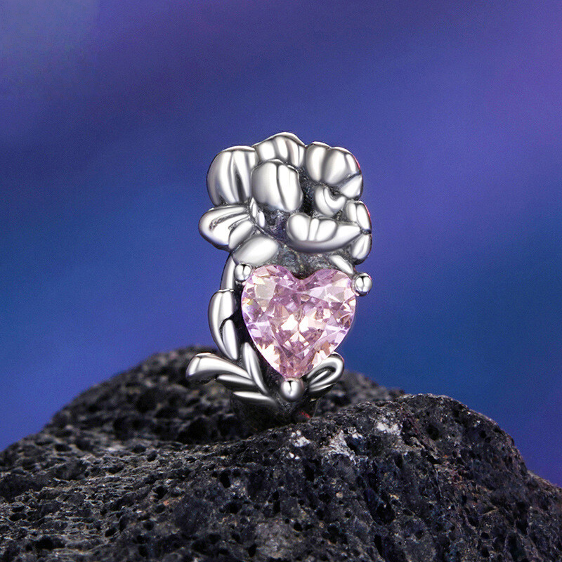 Sterling Silver Floral Heart Cubic Zirconia Charm Bead
