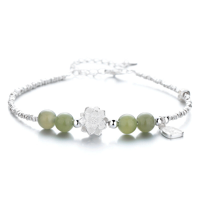 Sterling Silver Lucky Lotus Bracelet with Genuine Hetian Jade