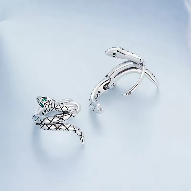 Sterling Silver Small Snake Ear Cuff with Green Eyes