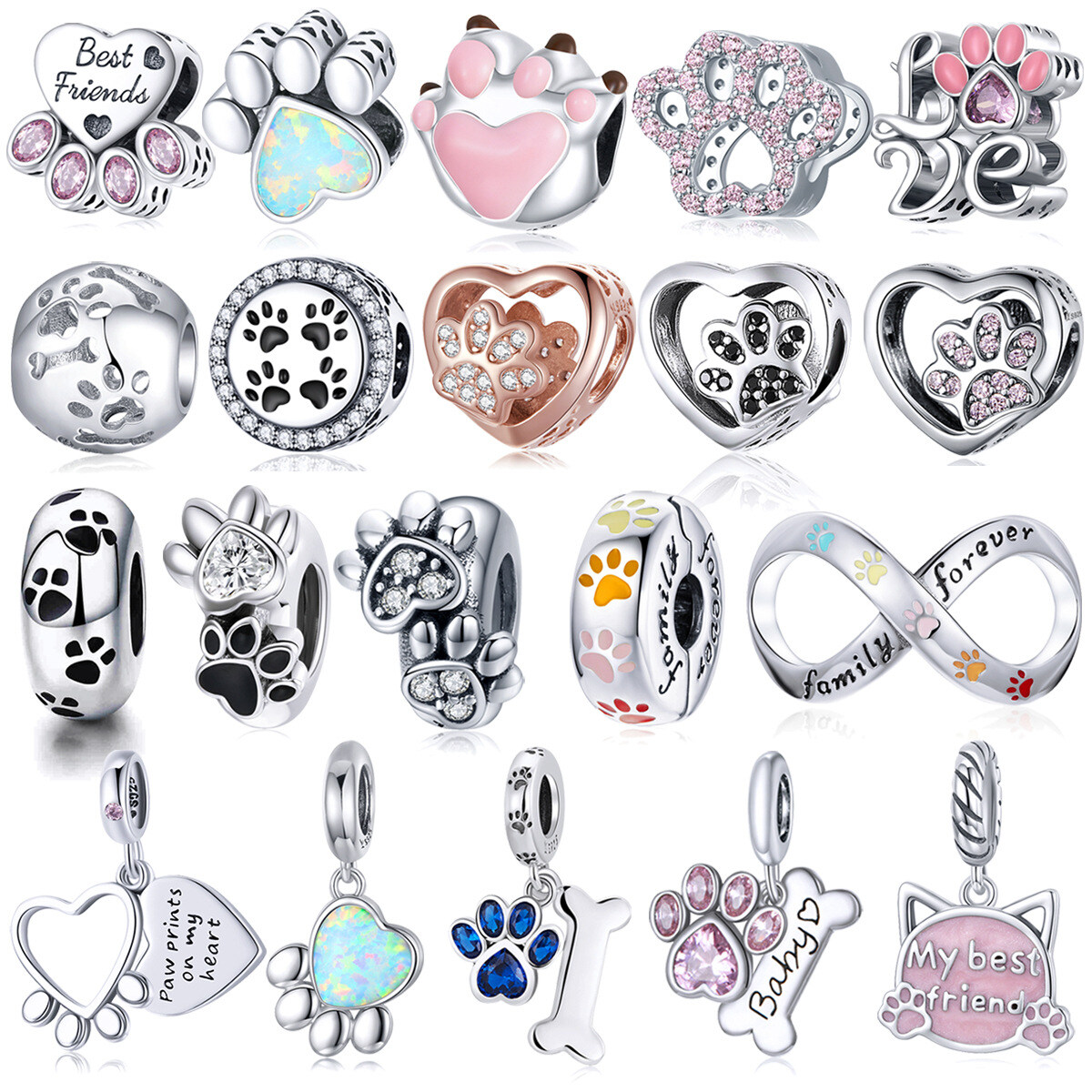 Sterling Silver Pet Paw Print Charm Bead Collection