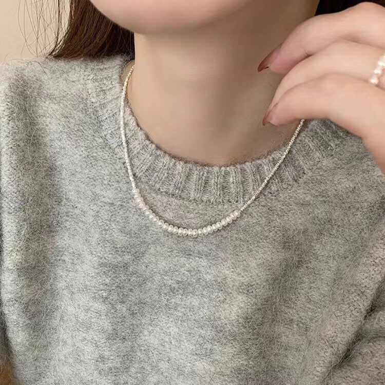 Silver Freshwater Pearl Collar Necklace – Faceted Bead Chain