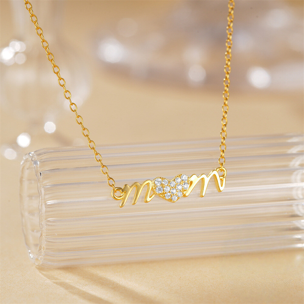 Heart-Shaped MOM Pendant Choker Necklace with Crystal Accents