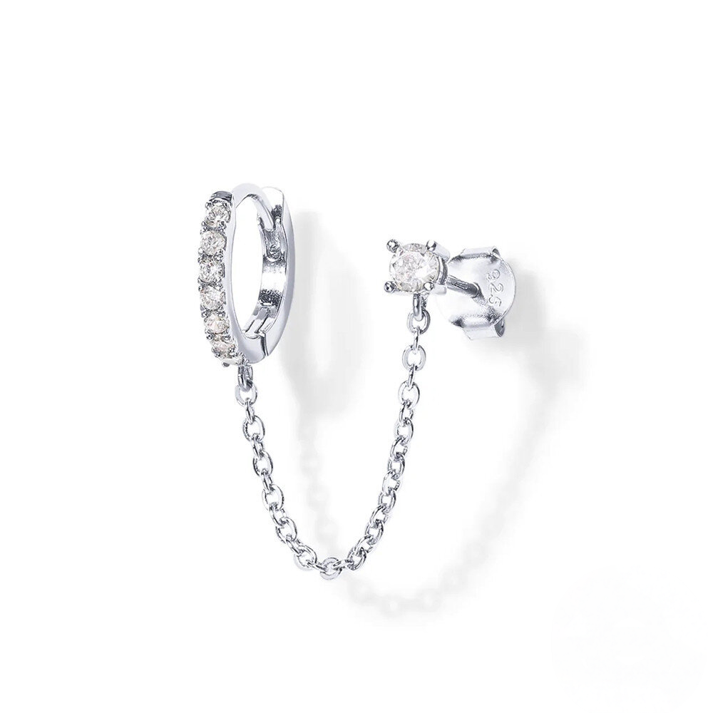 Sterling Silver Single-Row Ear Cuff with Chain – Green Stone Detail