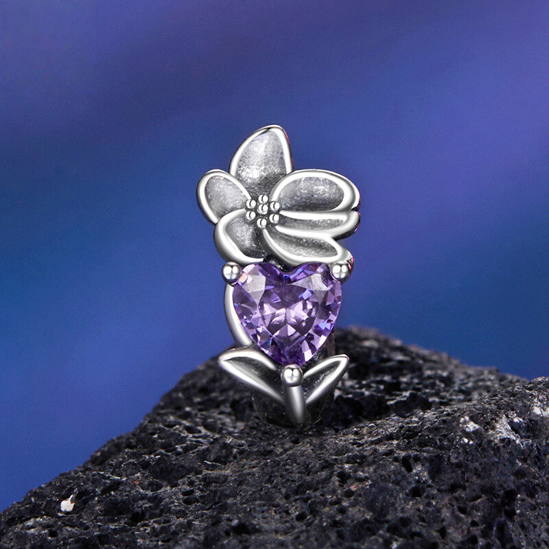 Sterling Silver Floral Heart Cubic Zirconia Charm Bead