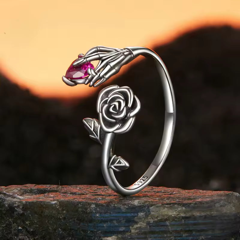 Sterling Silver Gothic Rose Skeleton Hand Ring