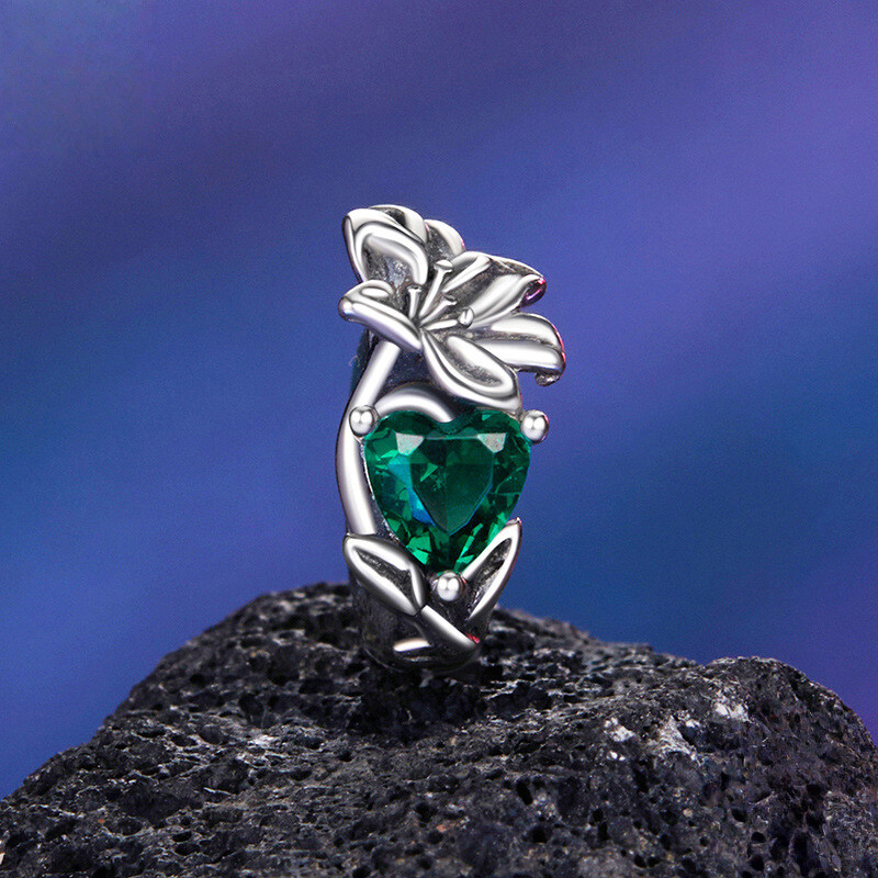 Sterling Silver Floral Heart Cubic Zirconia Charm Bead