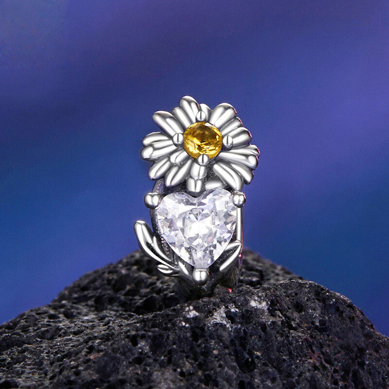 Sterling Silver Floral Heart Cubic Zirconia Charm Bead