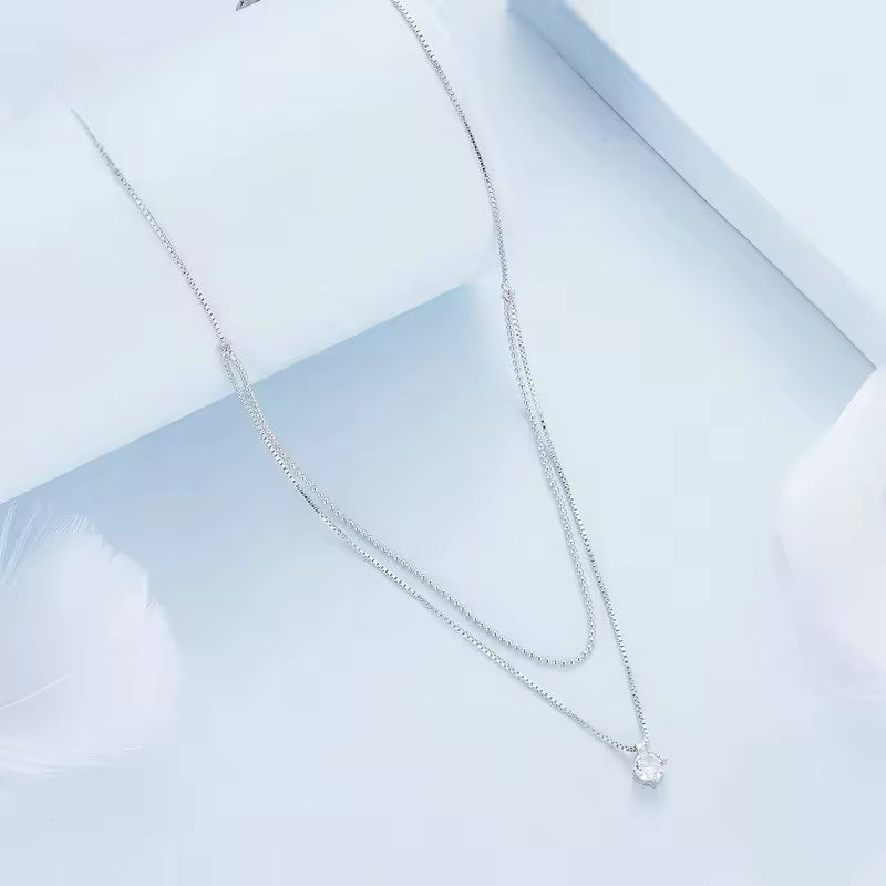 Sterling Silver Double-Layer CZ Pendant Necklace