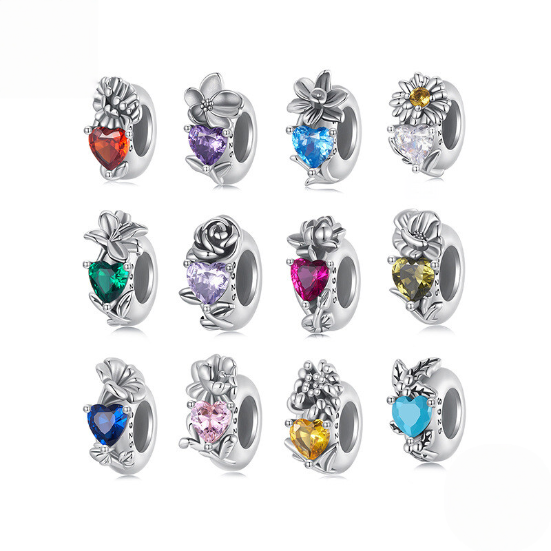 Sterling Silver Floral Heart Cubic Zirconia Charm Bead
