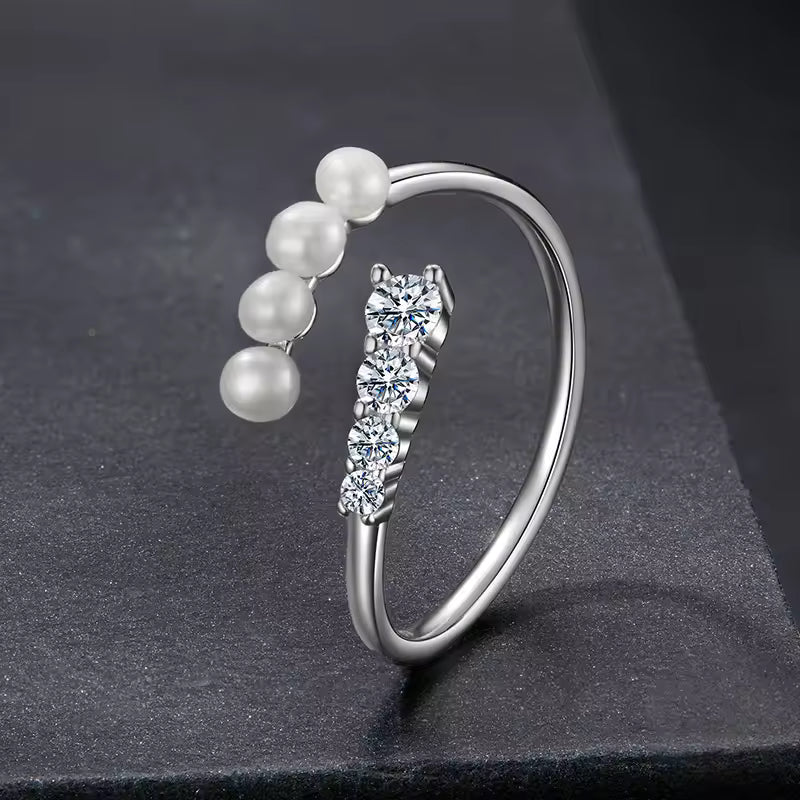 Sterling Silver Pearl and Cubic Zirconia Open Cuff Ring