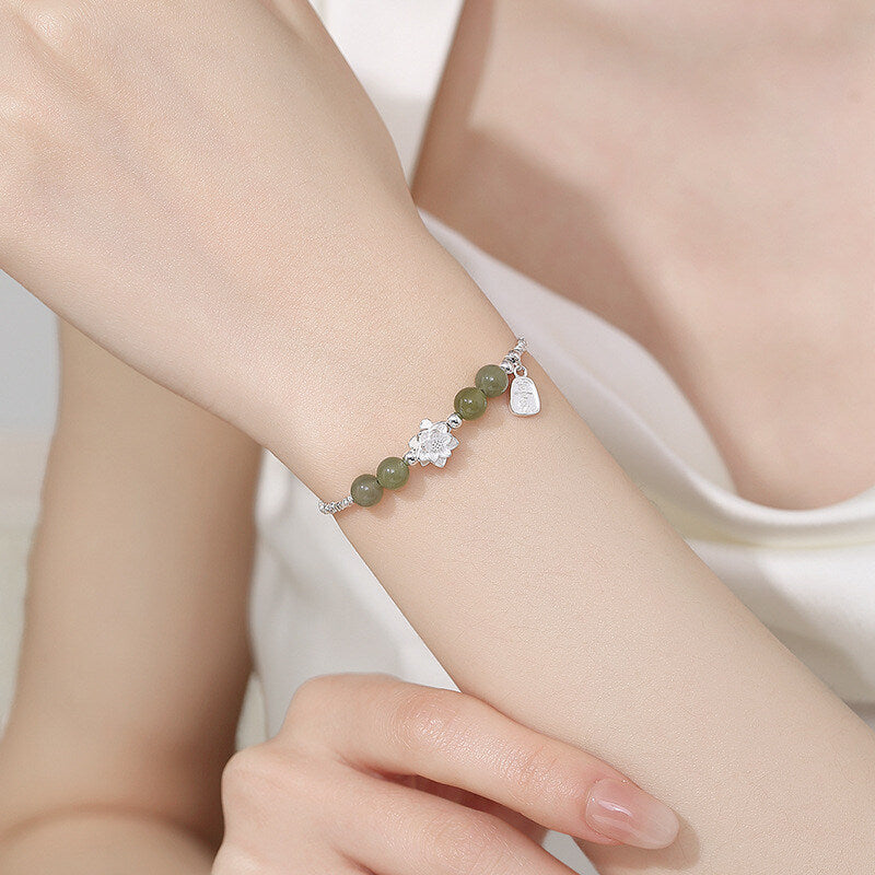 Sterling Silver Lucky Lotus Bracelet with Genuine Hetian Jade