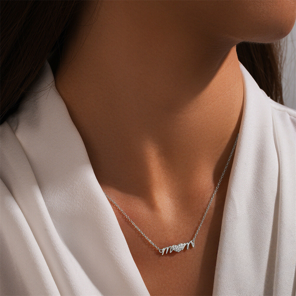 Heart-Shaped MOM Pendant Choker Necklace with Crystal Accents
