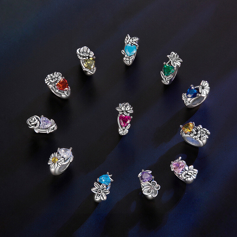 Sterling Silver Floral Heart Cubic Zirconia Charm Bead