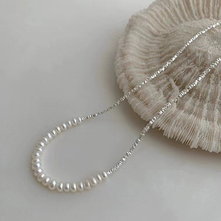 Silver Freshwater Pearl Collar Necklace – Faceted Bead Chain