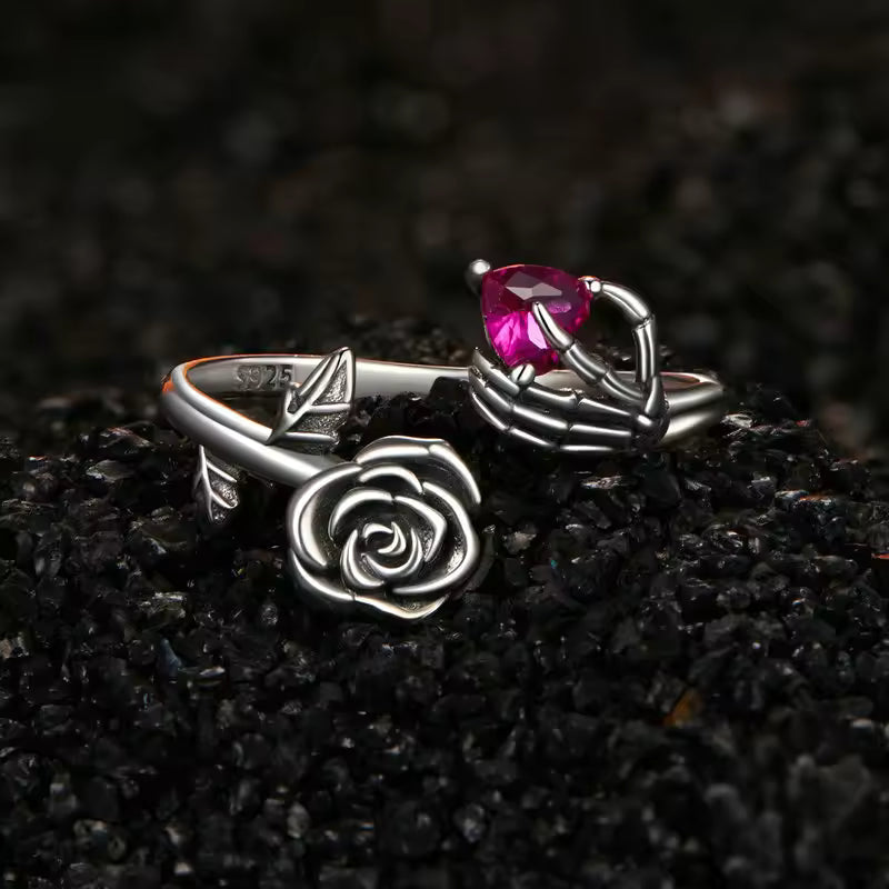 Sterling Silver Gothic Rose Skeleton Hand Ring