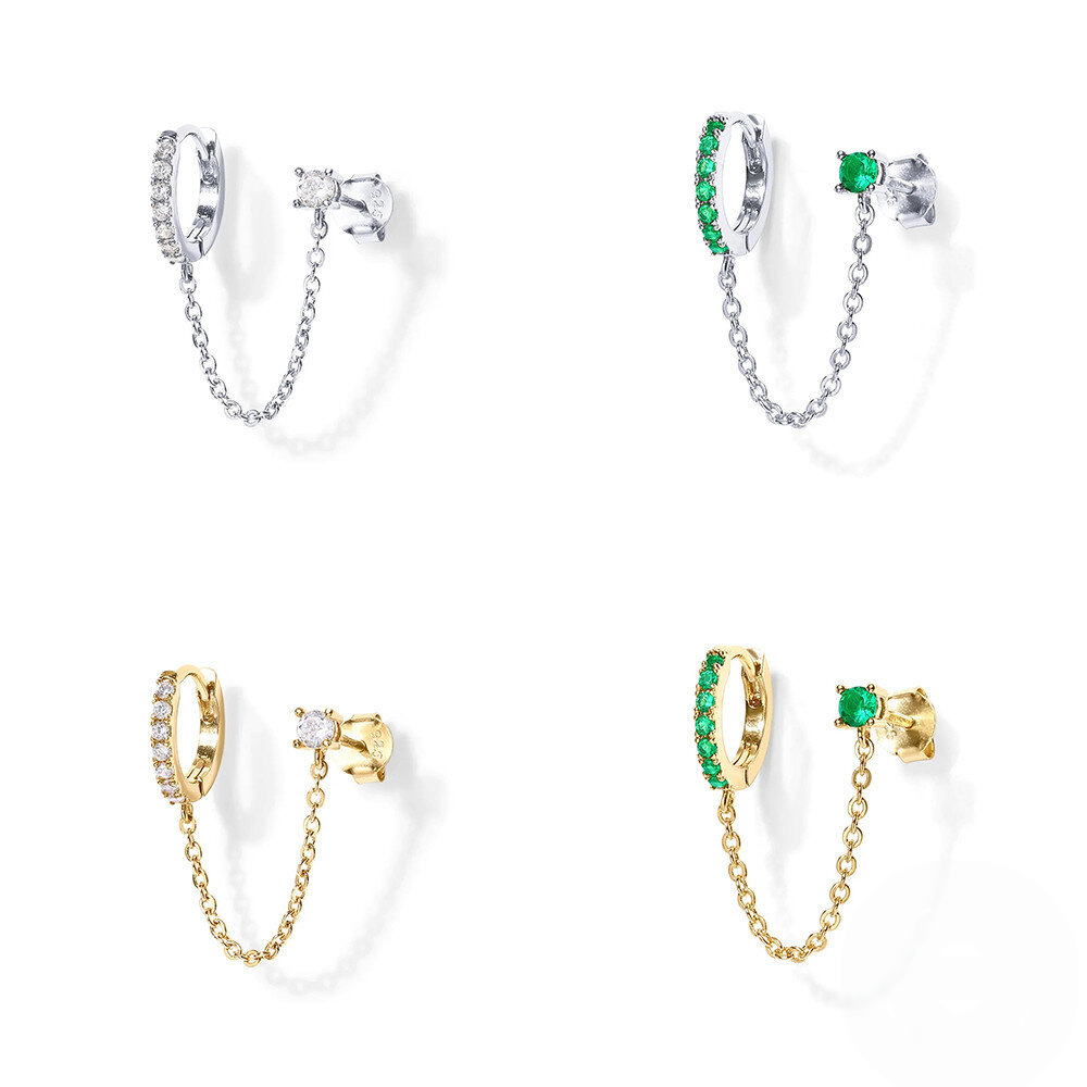 Sterling Silver Single-Row Ear Cuff with Chain – Green Stone Detail