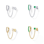 Sterling Silver Single-Row Ear Cuff with Chain – Green Stone Detail