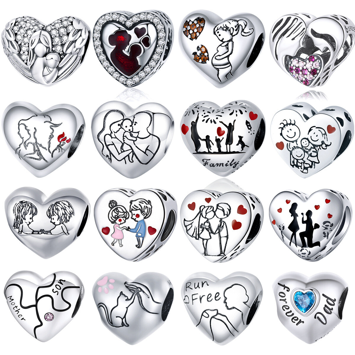 Sterling Silver Love Heart Family Charm Bead