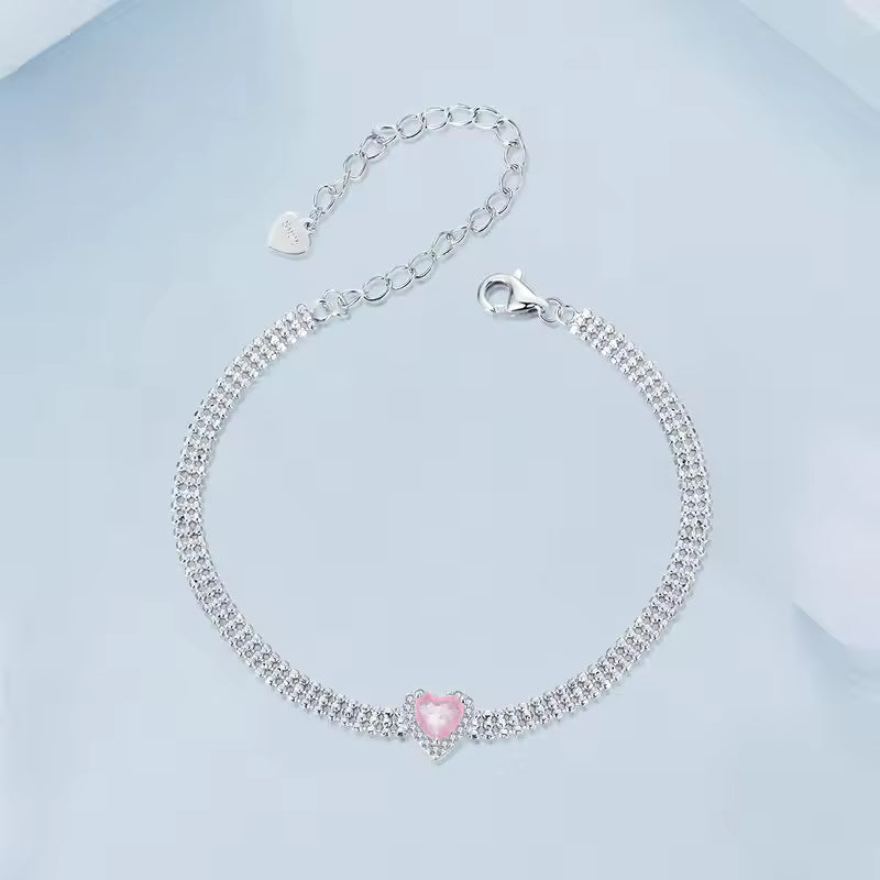 Sterling Silver Pink Heart Tennis Bracelet