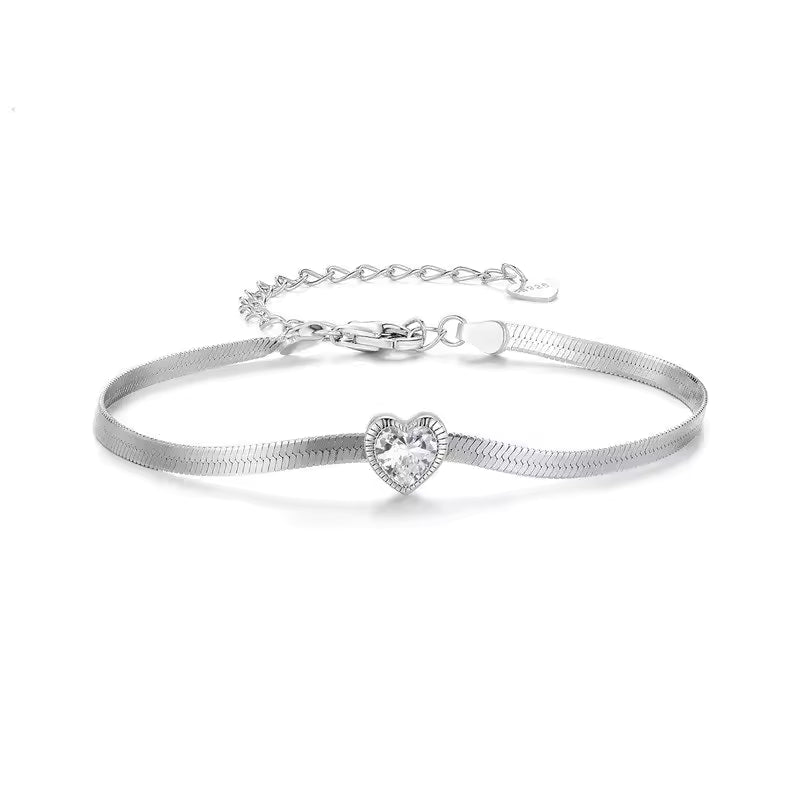 Sterling Silver Heart Cut Cubic Zirconia Herringbone Bracelet