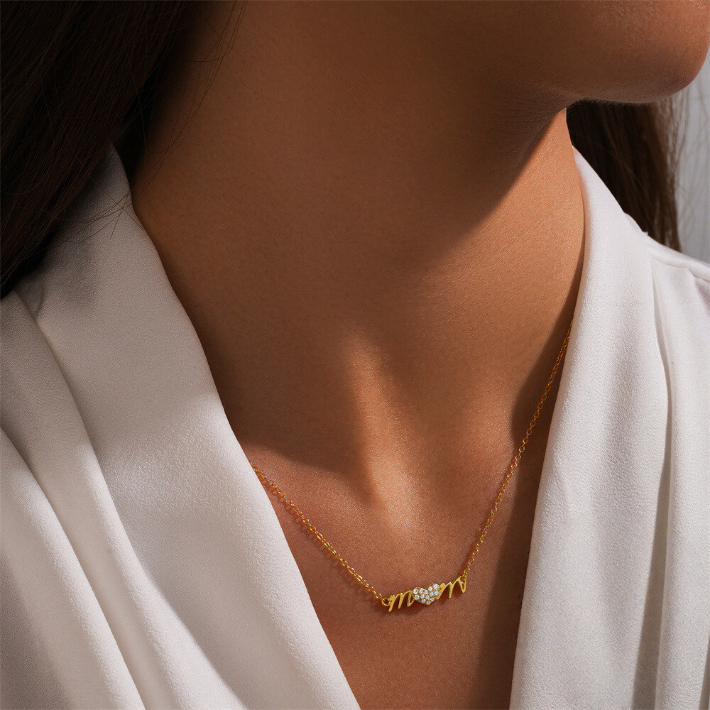 Heart-Shaped MOM Pendant Choker Necklace with Crystal Accents