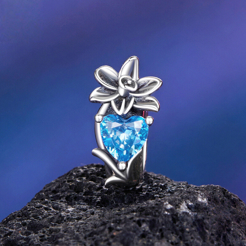 Sterling Silver Floral Heart Cubic Zirconia Charm Bead