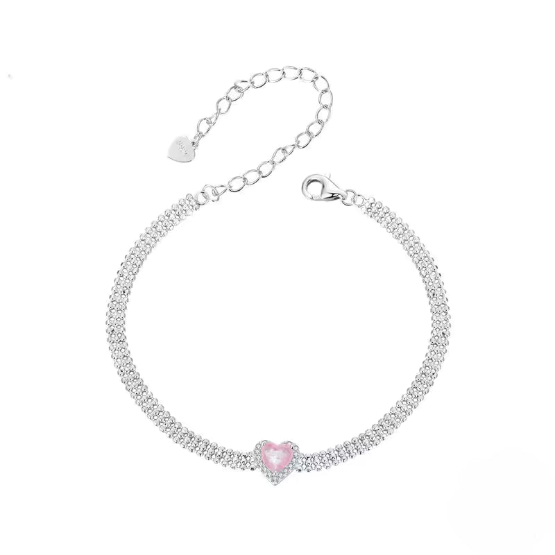 Sterling Silver Pink Heart Tennis Bracelet