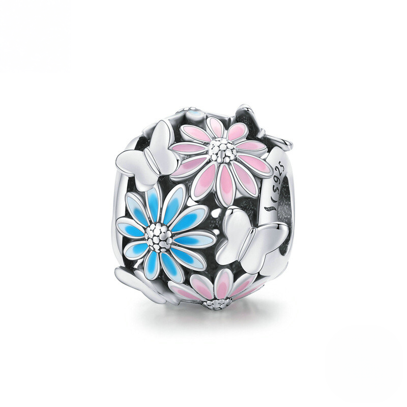 Sterling Silver Blue Enamel Floral Charm Bead Collection