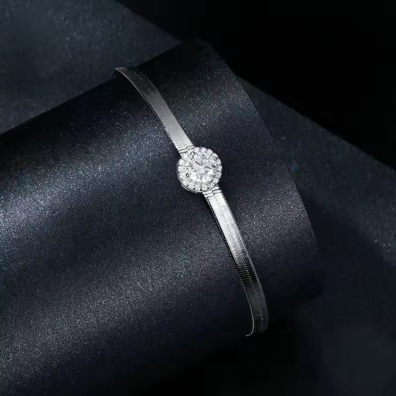 Sterling Silver Cubic Zirconia Halo Herringbone Bracelet