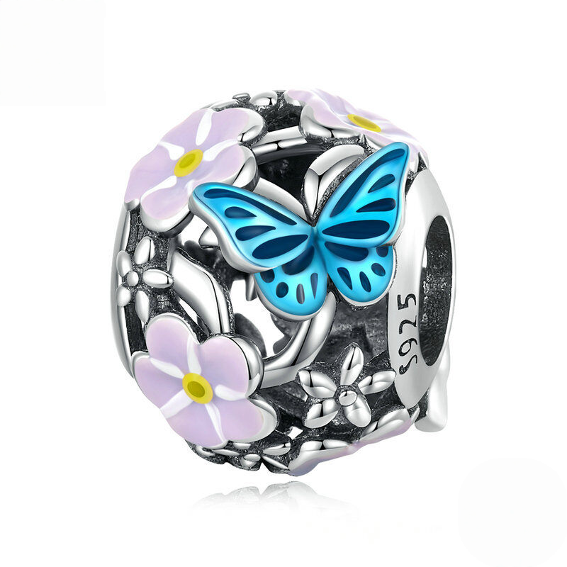 Sterling Silver Blue Enamel Floral Charm Bead Collection