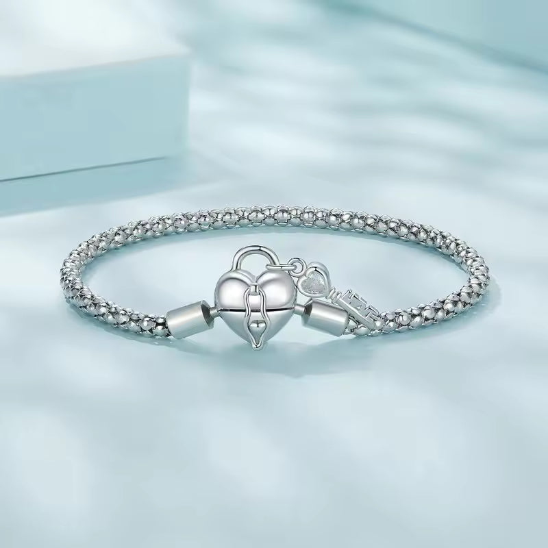 Sterling Silver Heart Lock and Key Popcorn Chain Bracelet