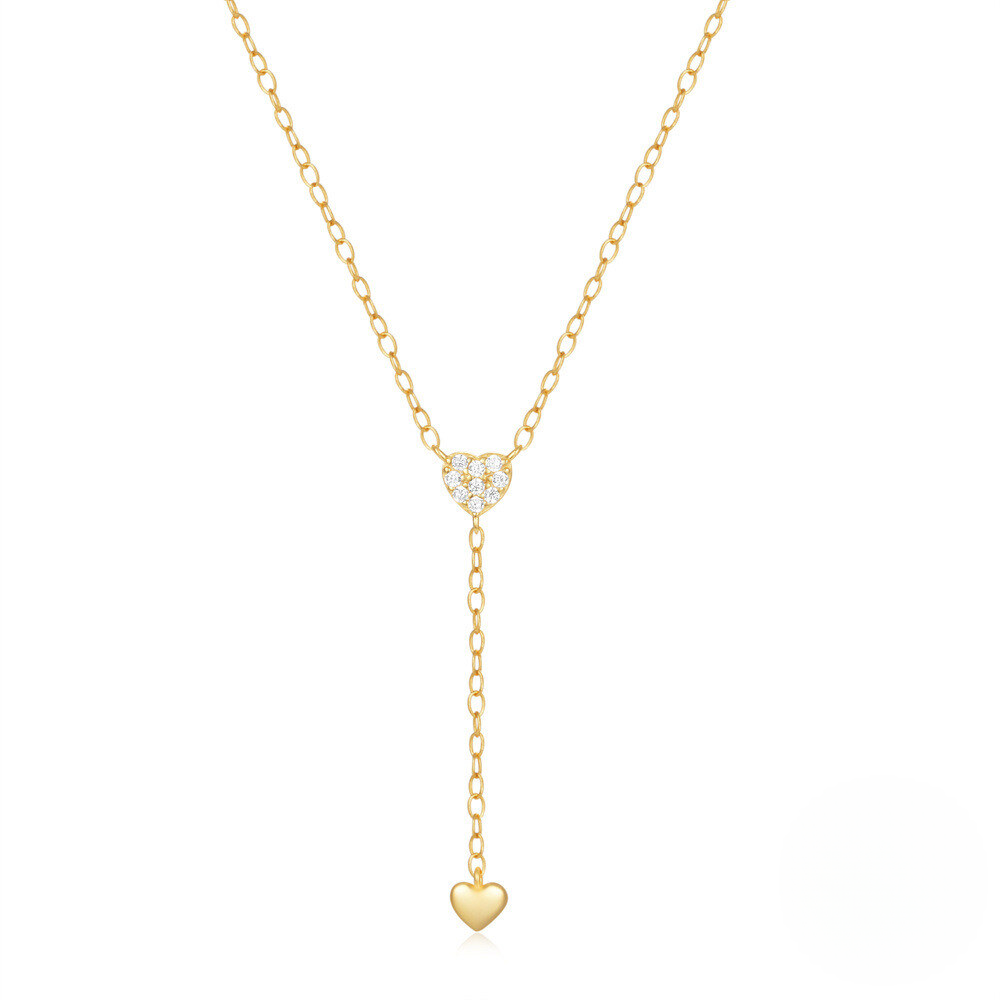 Sterling Silver Double Heart Fringe Y-Necklace – Crystal Collarbone Chain