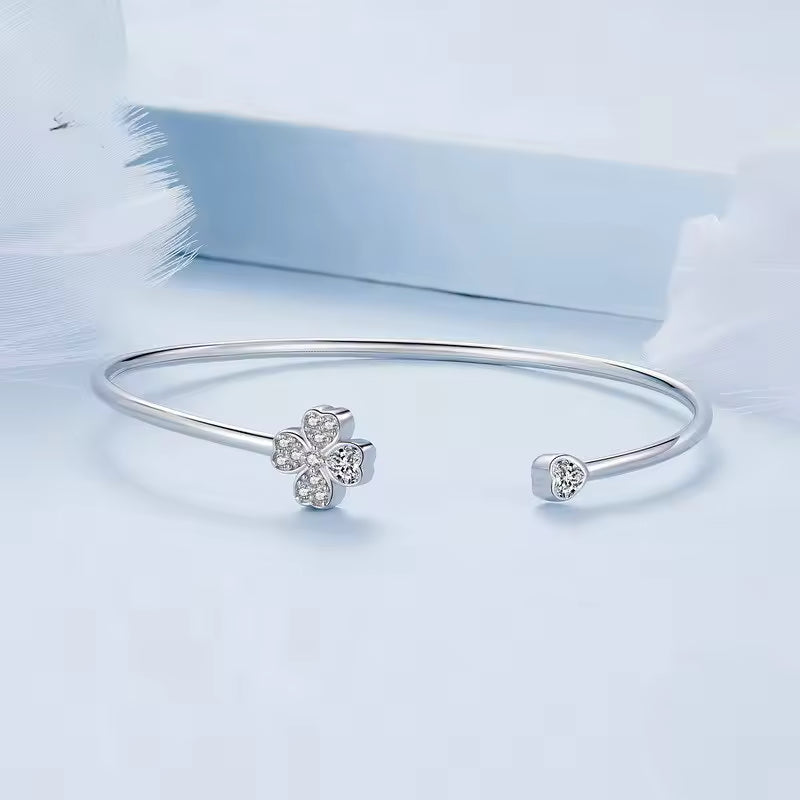 Sterling Silver Four Leaf Clover and Heart Open Cuff Bangle