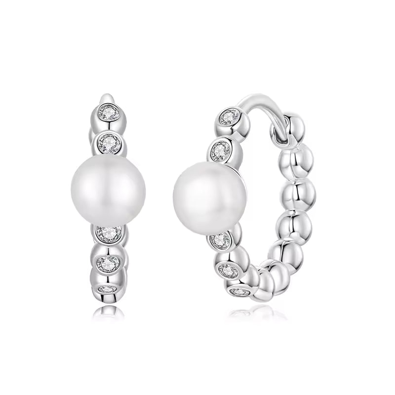 Sterling Silver Pearl Huggie Hoop Earrings