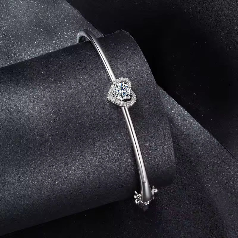 Sterling Silver Cubic Zirconia Heart Halo Bangle Bracelet
