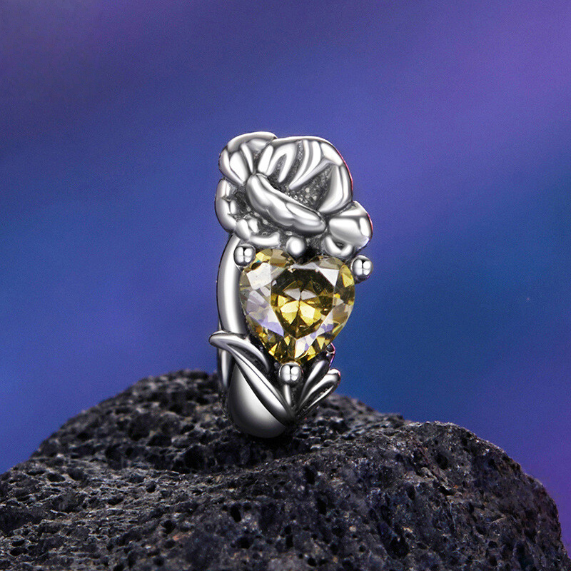 Sterling Silver Floral Heart Cubic Zirconia Charm Bead
