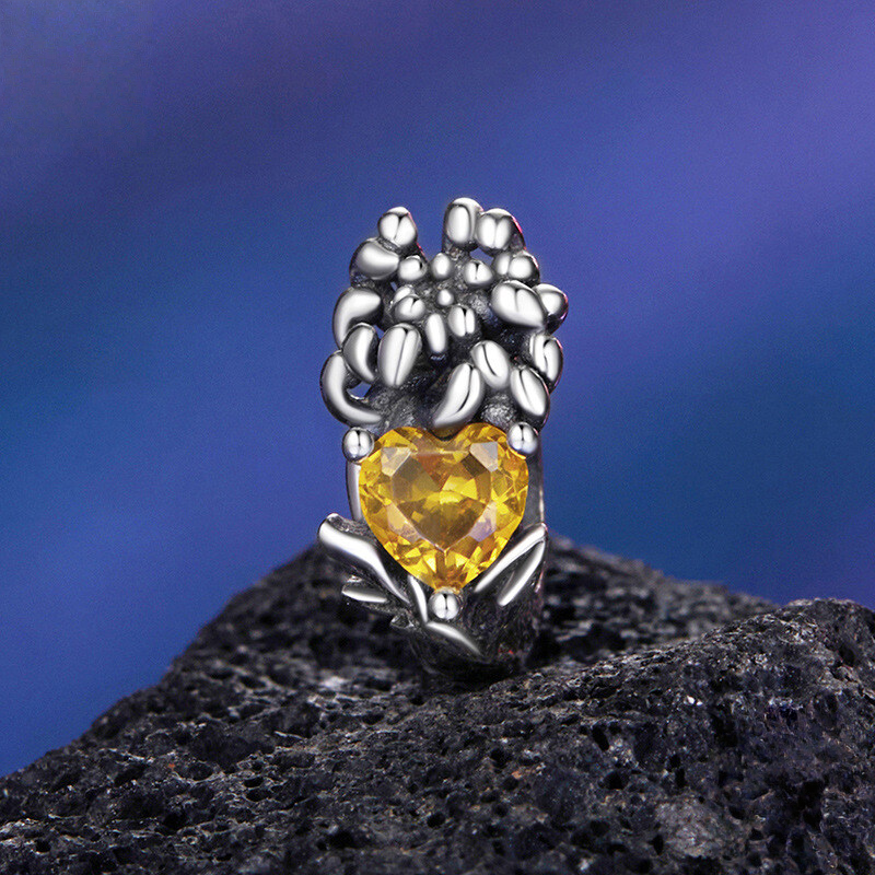 Sterling Silver Floral Heart Cubic Zirconia Charm Bead