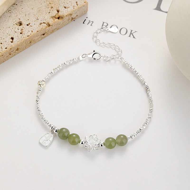 Sterling Silver Lucky Lotus Bracelet with Genuine Hetian Jade