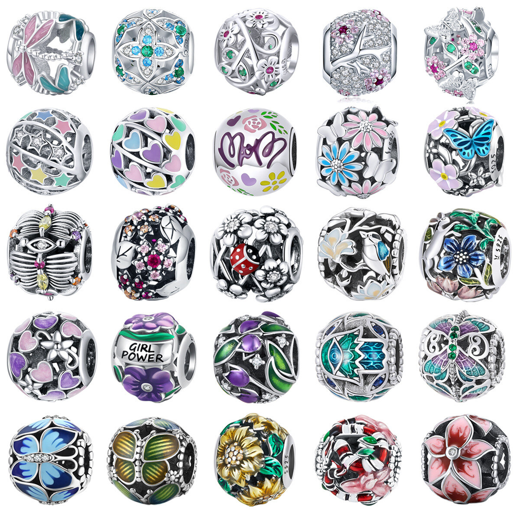 Sterling Silver Blue Enamel Floral Charm Bead Collection