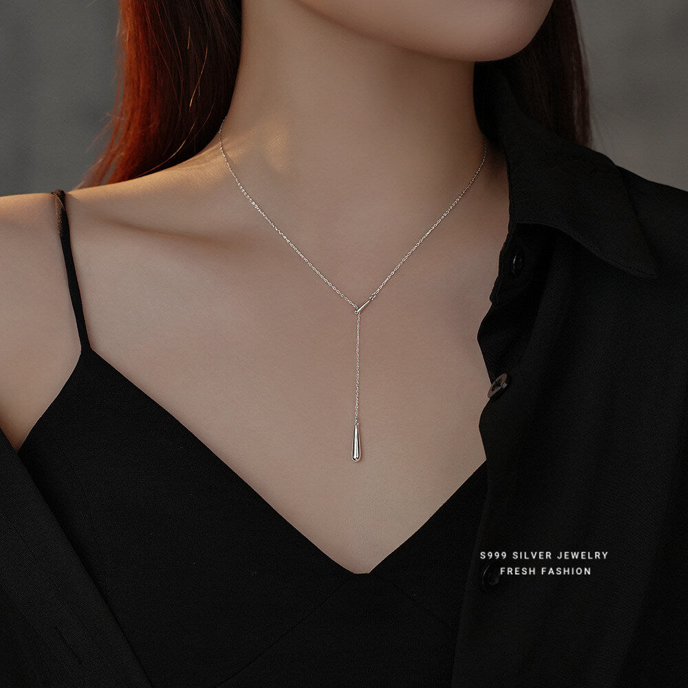 Minimalist Water Drop Y-Necklace with Fringe Accent