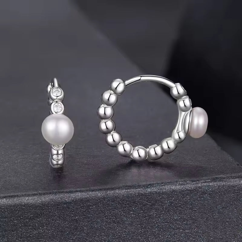 Sterling Silver Pearl Huggie Hoop Earrings