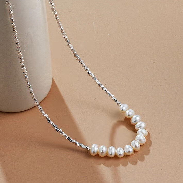 Silver Freshwater Pearl Collar Necklace – Faceted Bead Chain