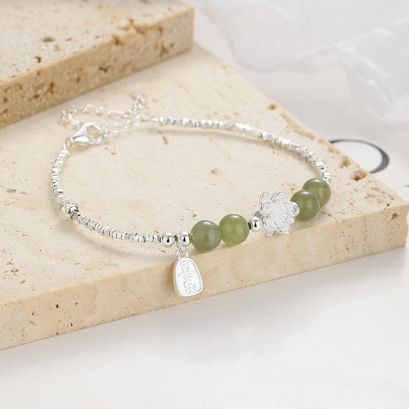 Sterling Silver Lucky Lotus Bracelet with Genuine Hetian Jade
