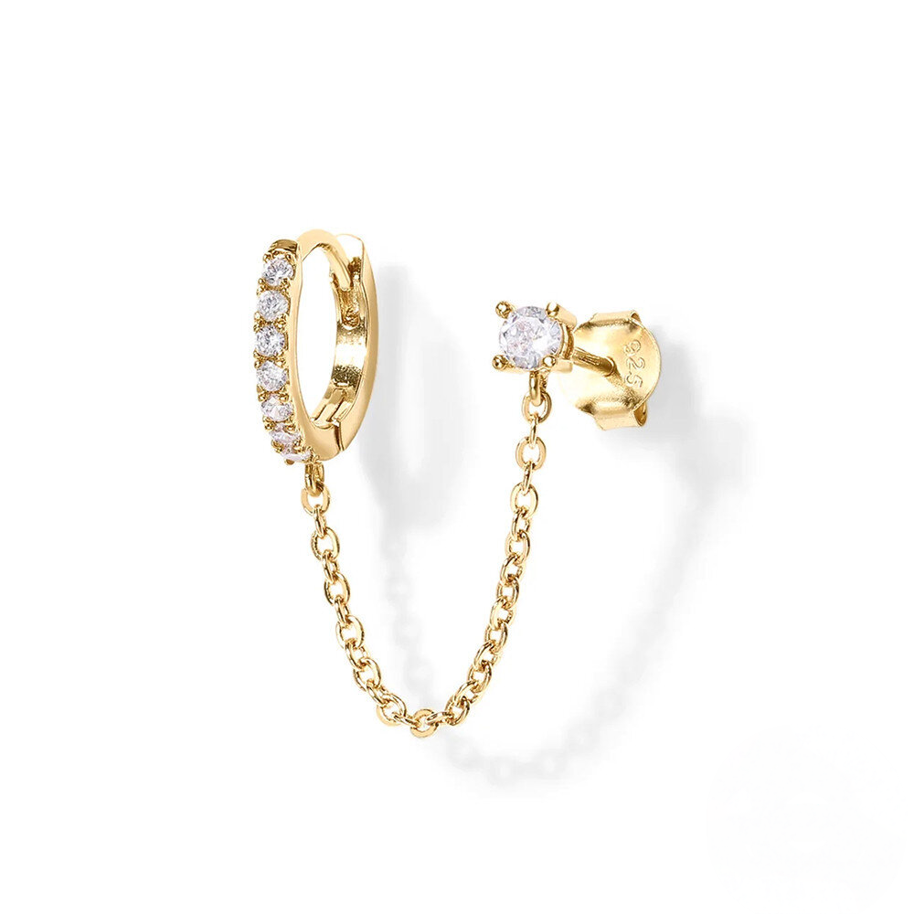 Sterling Silver Single-Row Ear Cuff with Chain – Green Stone Detail