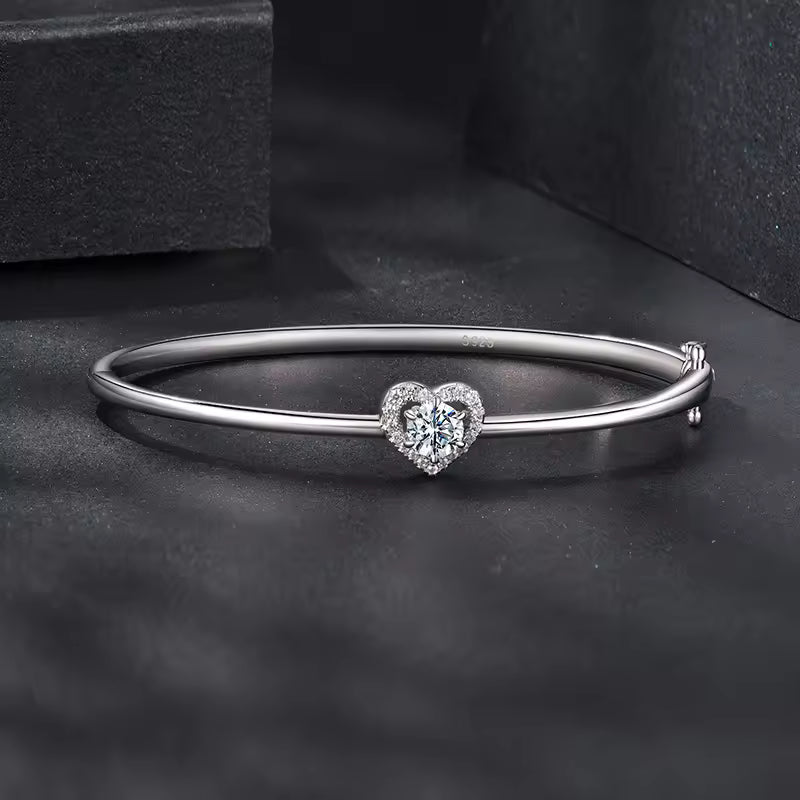 Sterling Silver Cubic Zirconia Heart Halo Bangle Bracelet