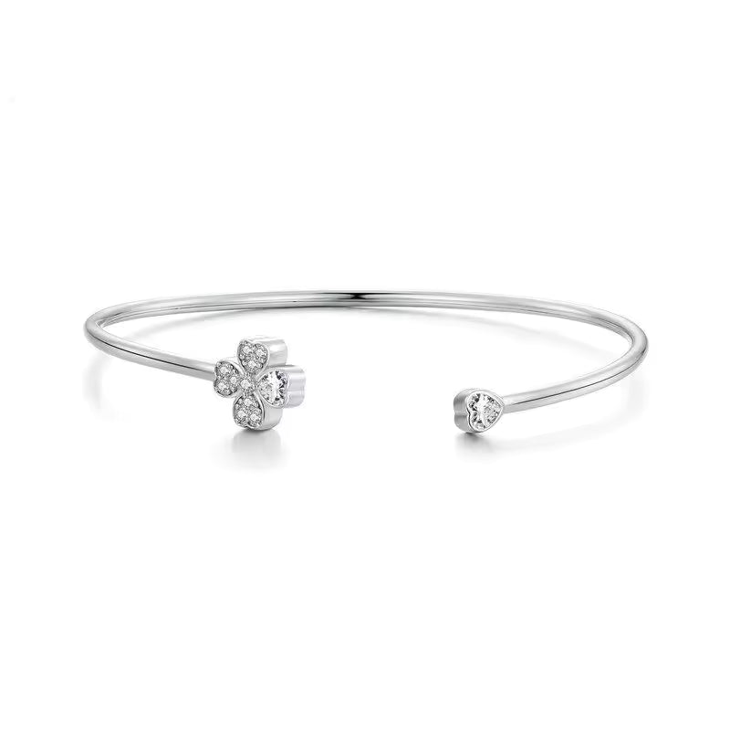 Sterling Silver Four Leaf Clover and Heart Open Cuff Bangle