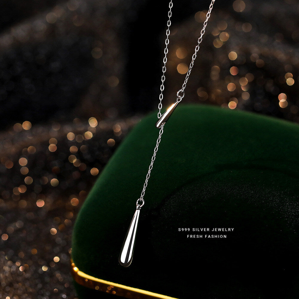 Minimalist Water Drop Y-Necklace with Fringe Accent