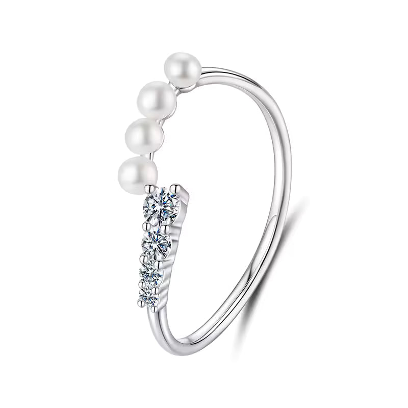 Sterling Silver Pearl and Cubic Zirconia Open Cuff Ring