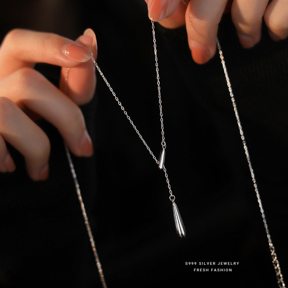 Minimalist Water Drop Y-Necklace with Fringe Accent